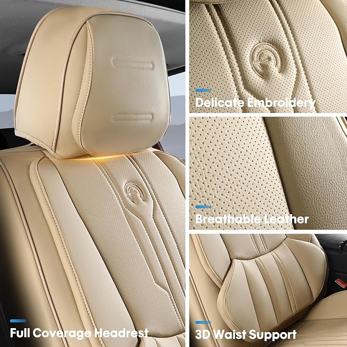 Car Seat Covers Custom Fit for Ford F150 2009-2026, Faux Leather Seat Cover Set for 2017-2026 F250 F350 F450, Accomodating Regular Cab Super Cab Super Crew Pickup Truck Cushions(Beige, Front Seat) - Image 3