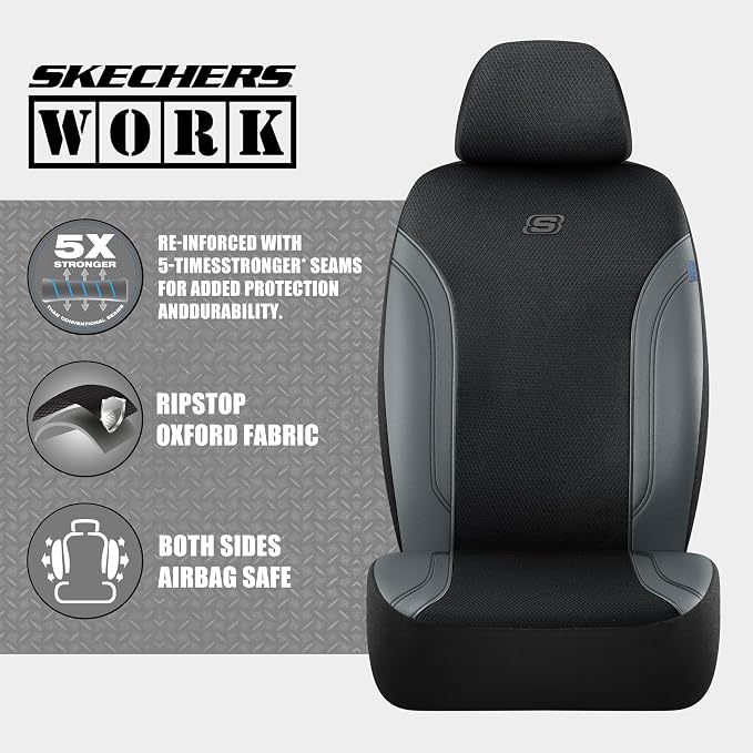 Skechers Car Seat Covers, Work Leather Seat Covers 5-Times Stronger Built-in Webbing, Oxford Fabric Front Seat Covers, Airbag Compatible, Automotive Comfort for Cars, Trucks, SUVs,Grey - Image 4