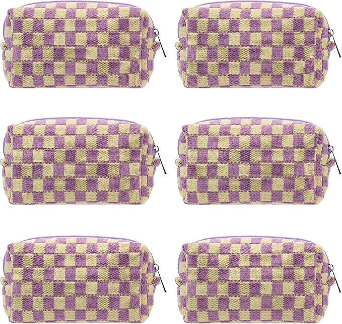 Checkered Makeup Bag for Purse, Small Travel Cosmetic Pouch,Purple,6 Pack | Cute Zipper Makeup Organizer for Women, Travel Essentials, Toiletries, Makeup Brushes, Beauty Accessories&Bridesmaid Gifts by PAZIMIIK