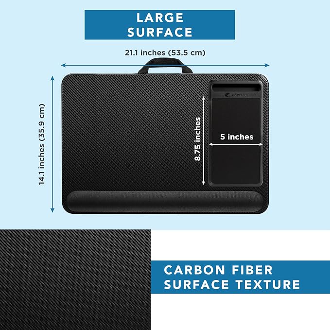 LAPGEAR Home Office Pro Lap Desk - Black Carbon, Fits 15.6” Laptops | Built-In Mouse Pad & Phone Slot, Wide Cushioned Wrist Rest, Dual-Bolster Microbead Cushion, Carry Handle - Image 5