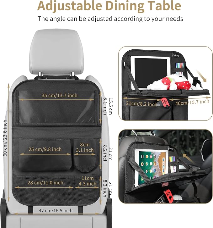 LUCMO Car Backseat Organizer with Foldable Tablet Holder, Black | 2 Pcs,6 Storage Pockets,Foldable Food Tray,Protectors Kick Mats,Travel Accessories,Seat Cover,Road Trip Essentials - Image 7