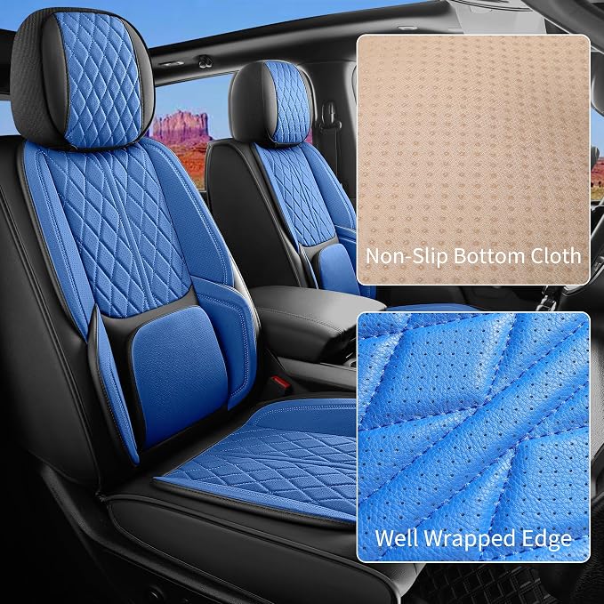 Custom Fit Chevy Silverado GMC Sierra 1500 2007-2026 2500/3500 HD Crew Cab Faux Leather Front Seat Covers - 2 Pack, Waterproof & Breathable Car Seat Protector for Truck, BlackBlue - Image 3