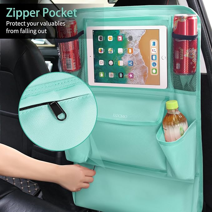 LUCMO Car Backseat Organizer with Touch Screen Tablet Holder, Light Blue | 9 Storage Pockets,Clear Tablet Holder,Protectors Kick Mats,Travel Accessories,Seat Cover,Road Trip Essentials - Image 4