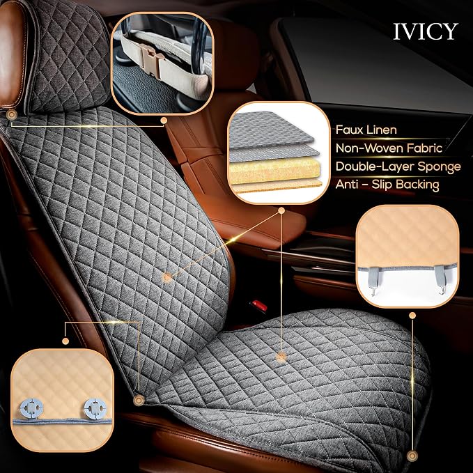 Faux Linen Front Car Seat Cover, Seat Protector, 1 Unit, Cool Gray | Non-Slip Bucket Sear Cover for Most Cars, SUVs, Vans & Trucks – Machine Washable, Side-Airbag Friendly - Image 2