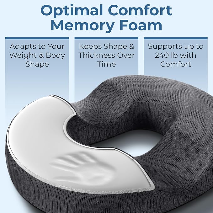 5 STARS UNITED Donut Pillow for Tailbone Pain & Hemorrhoids – Large Memory Foam Lifting Cushion for Bed Sore-Prone Areas & Pressure Relief – Prostate, Postpartum & Pregnancy Support, Gray Mesh Cover - Image 5