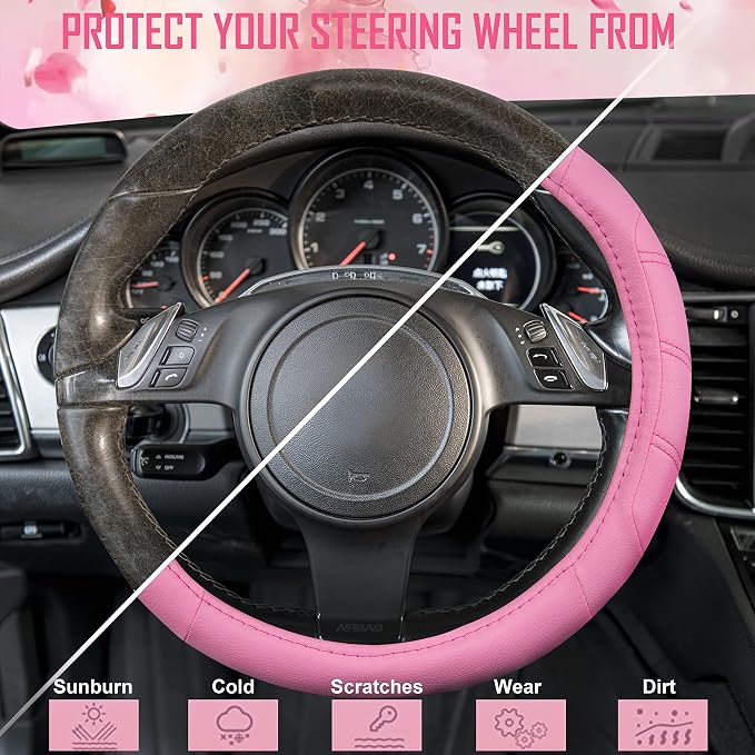 CAR PASS Line Rider Microfiber Leather Sporty 14.5-15 inch Car Steering Wheel Cover Universal Fits for 95% Cars Sedans SUV Trucks, Anti-Slip Safety Comfortable Design (Pure Pink) - Image 5
