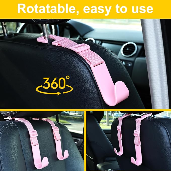 4-Pack Car Headrest Hooks, 40lb Load, Adjustable Car Hooks | Fits most headrest bars, Holds backpacks, umbrellas, water bottles, coats, purses, handbags, groceries, Pink - Image 4