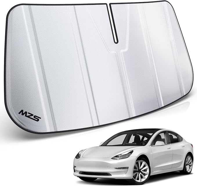 MZS Windshield Sun Shade Compatible with Model 3 2018-2026 | 6-Layer Heat Insulation, 99% UV Blocking, Keeps Interior Cool, Full Coverage Visor, Foldable Car Window Sunshade, Storage Bag by MZS