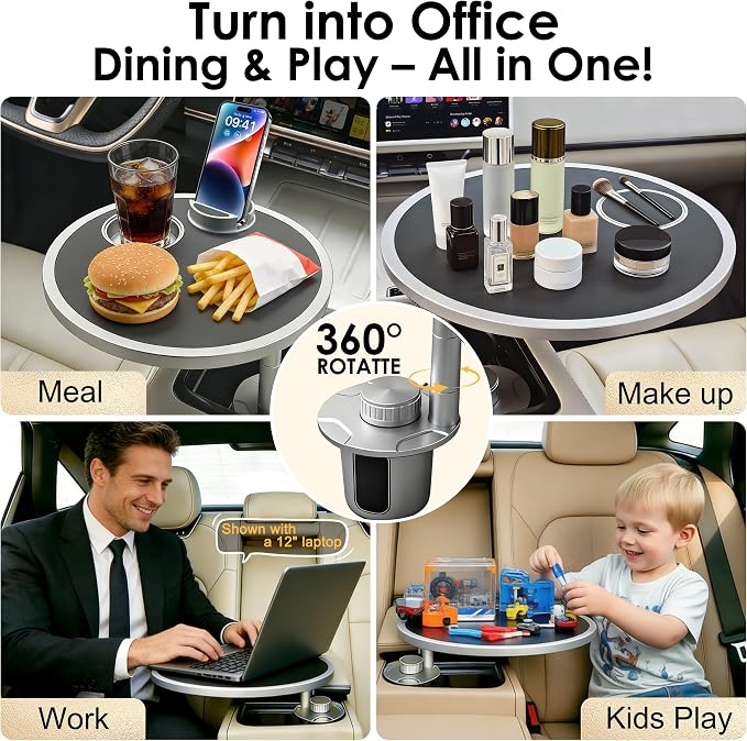 Car Desk for Laptop 360° Rotating Tesla Tray with Cup Holder Phone Stand | Adjustable Height Car Table Tray Car Accessories Compatible with Model 3/Y/S Ford Vehicles, Fits Round Cup Holder 2.28"-3.66" - Image 6