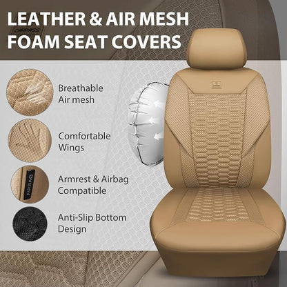 CAR PASS 3D Foam Mesh Leather Car Seat Covers Full Set, Tan Breathable Mesh Faux Leather Seat Covers for Car, Universal Fit for SUV Truck Sedan Automotive, Armrest Airbag Compatible, All Beige - Image 3