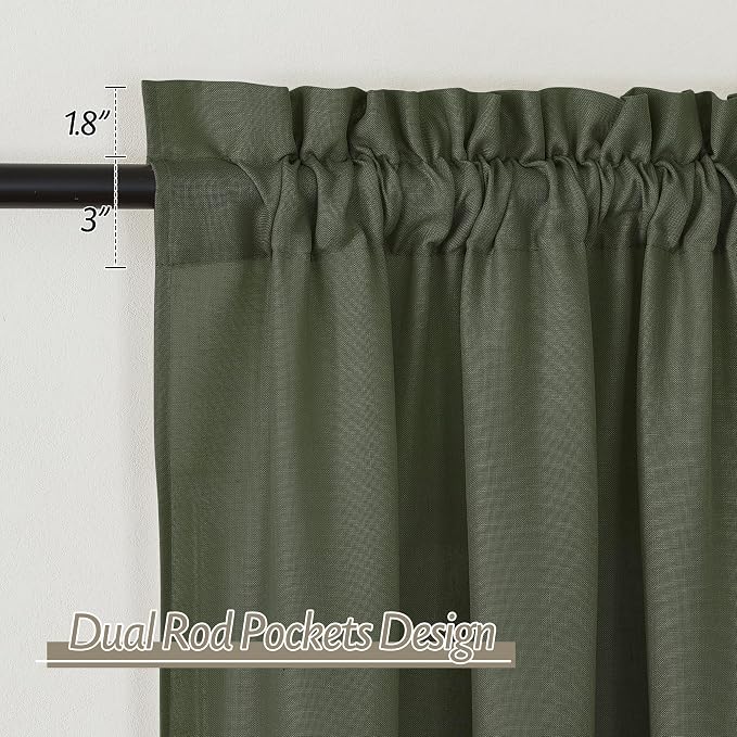 RYB HOME Linen Sheer Curtains 2 Panels for Living Room, Semi Transparent Privacy Drapes with Rod Pocket Farmhouse Style Window Treatments for Bedroom, Olive Green, 52" W x 90" L - Image 2