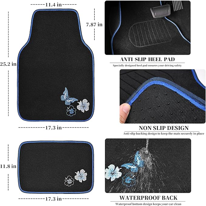 CAR PASS Blue Butterfly Car Seat Covers Full Set, Embroidered Flower Waterproof Car Floor Mats Carpet, Butterflies Steering Wheel Cover for Universal Car Accessories Interior Sets (Black and Blue) - Image 6