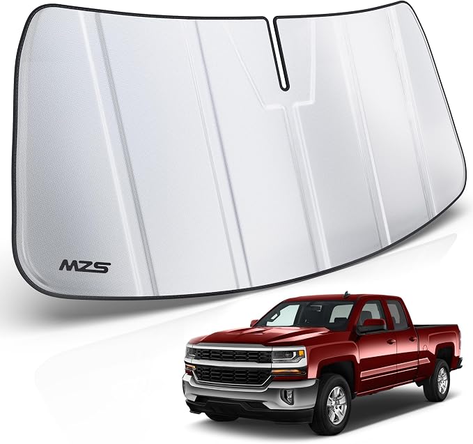 MZS Windshield Sun Shade for Silverado Sierra 1500 2500 3500 2014-2019 | 6-Layer Heat Insulation, 99% UV Blocking, Keeps Interior Cool, Full Coverage Visor, Foldable Car Window Sunshade, Storage Bag by MZS