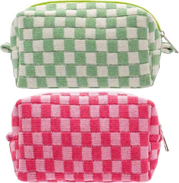 Checkered Makeup Bag for Purse, Small Cosmetic Pouch,Green Hotpink,2 Pack | Cute Zipper Makeup Organizer for Women, Travel Essentials, Toiletries, Makeup Brushes, Beauty Accessories&Bridesmaid Gifts by PAZIMIIK