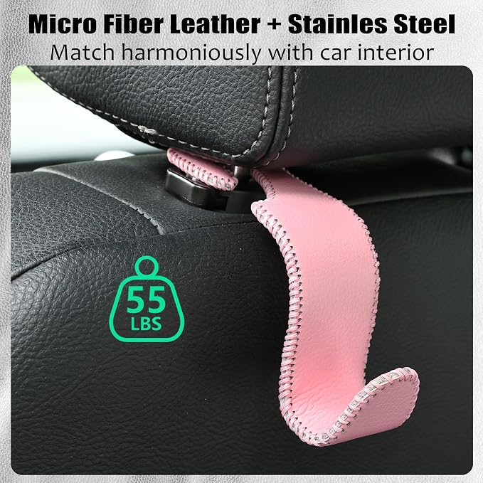 Car Seat Headrest Hook 55lb Heavy Duty Metal Hanger with Leather for Bags | Universal Fit car SUV Truck, Premium Microfiber Leather, Metal Core, Hang Purses Groceries Handbag Backpack, 2 Pack Pink - Image 5