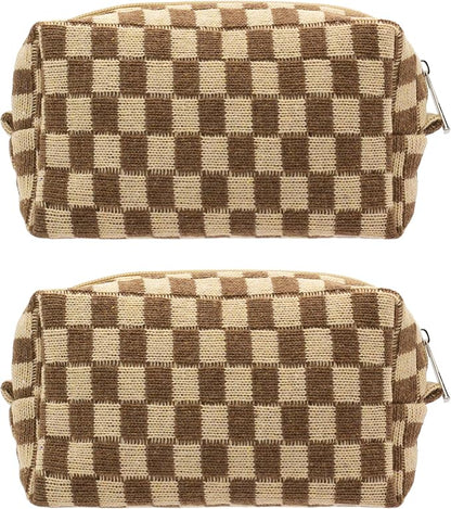 Checkered Makeup Bag for Purse, Small Travel Cosmetic Pouch,Coffee,2 Pack | Cute Zipper Makeup Organizer for Women, Travel Essentials, Toiletries, Makeup Brushes, Beauty Accessories&Bridesmaid Gifts by PAZIMIIK
