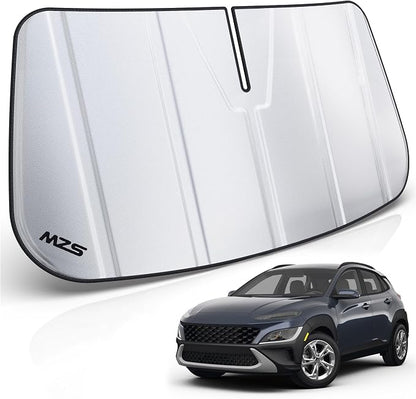 MZS Windshield Sun Shade Compatible with Kona 2018-2023 | 6-Layer Heat Insulation, 99% UV Blocking, Keeps Interior Cool, Full Coverage Visor, Foldable Car Window Sunshade, Storage Bag by MZS