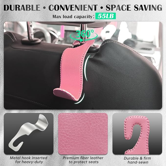 Car Seat Headrest Hook 55lb Heavy Duty Metal Hanger with Leather for Bags | Universal Fit car SUV Truck, Premium Microfiber Leather, Metal Core, Hang Purses Groceries Handbag Backpack, 2 Pack Pink - Image 3