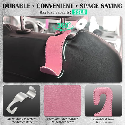 Car Seat Headrest Hook 55lb Heavy Duty Metal Hanger with Leather for Bags | Universal Fit car SUV Truck, Premium Microfiber Leather, Metal Core, Hang Purses Groceries Handbag Backpack, 2 Pack Pink - Image 3
