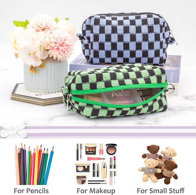 Checkered Makeup Bag for Purse, Small Cosmetic Pouch,Green Blue,2 Pack | Cute Zipper Makeup Organizer for Women, Travel Essentials, Toiletries, Makeup Brushes, Beauty Accessories&Bridesmaid Gifts - Image 4