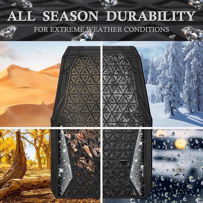 CAR PASS Bling Diamond Car Mats Rubber Floor Mats Full Set Anti-Slip 3D Rhombus Waterproof Trim to Fit Liner Universal Glitter Crystal Sparkly Shining Rhinestone Girl Women SUV Sedan Van, Black Silver - Image 3