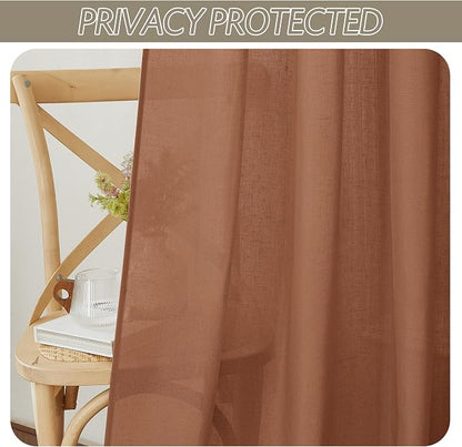 RYB HOME Linen Sheer Curtains 2 Panels for Living Room, Semi Transparent Privacy Drapes with Rod Pocket Farmhouse Style Window Treatments for Bedroom, Brunt Orange, 52" W x 90" L - Image 3