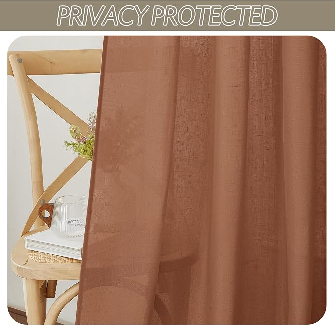 RYB HOME Linen Sheer Curtains 2 Panels for Living Room, Semi Transparent Privacy Drapes with Rod Pocket Farmhouse Style Window Treatments for Bedroom, Brunt Orange, 52" W x 95" L - Image 3