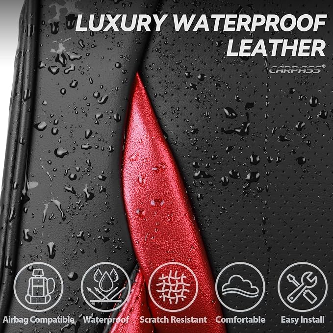 CAR PASS Nappa Leather Car Seat Covers, Durable Waterproof Luxury Universal Seat Covers for SUV Pick-up Truck Sedan, Anti-Slip Driver 5 Seat Covers Full Set with Backrest, Black Metallic Red - Image 5