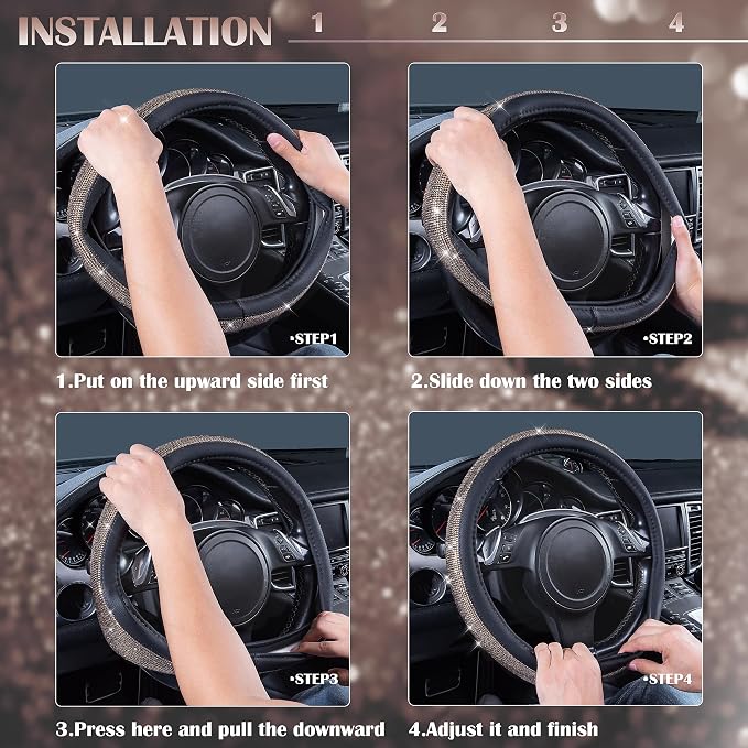 CAR PASS Bling Champagne Diamond Steering Wheel Cover, Black Leather Universal Fit 14.5-15inch Glitter Rhinestones for Women Sparkle Crystal Girly Shining for SUV,Vans,Sedan,Car,Truck, Black Champagne - Image 6