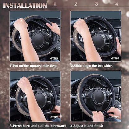 CAR PASS Bling Champagne Diamond Steering Wheel Cover, Black Leather Universal Fit 14.5-15inch Glitter Rhinestones for Women Sparkle Crystal Girly Shining for SUV,Vans,Sedan,Car,Truck, Black Champagne - Image 6