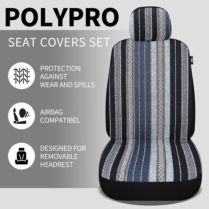 HAIYAOTIMES Baja Saddle Blanket Car Seat Covers Front Set with Seat Belt Pads, Washable Breathable Seat Covers for Cars, Universal Fit Interior Covers for Most Sedan Truck SUV, Airbag Compatible, Blue - Image 3