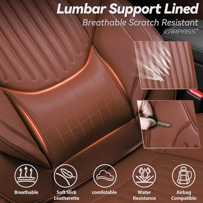 CAR PASS Luxury Nappa Leather Car Seat Covers Full Set, Lumbar Support Seat Covers for Car 5 Seats, Waterproof Car Seat Protector, Automotive Seat Covers Universal Fit for Most Sedans SUV Trucks Brown - Image 6