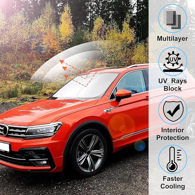 Windshield Sun Shade for 2018-2026 Volkswagen Tiguan Accessories | Full covered for windshield, Foldable & Durable, Block UV Rays, Reduce Heat, Easy to install, Keep Car Cooler - Image 2