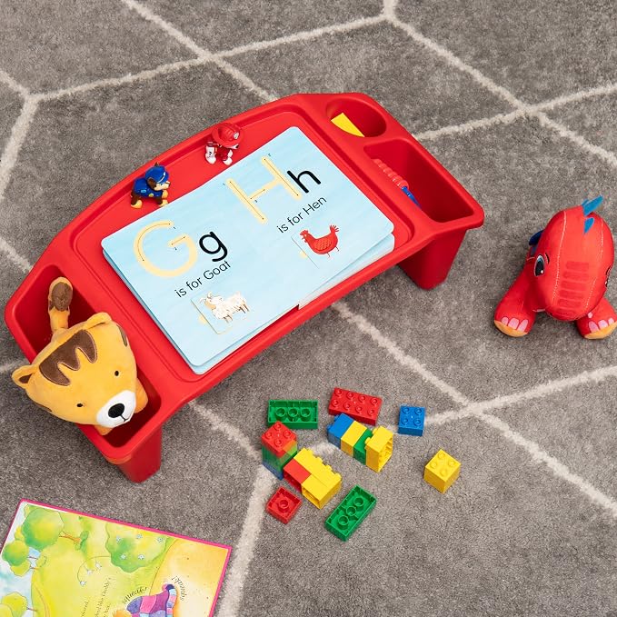 Mind Reader Kids Lap Desk, Portable Activity Tray with Side Storage, Stackable Plastic Desk for Drawing, Snacks, Study, Set of 2, Red - Image 2