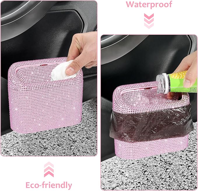 Accmor Bling Car Trash Can with Lid, Leak-Proof Mini Vehicle Trash Bin Automotive Dustbin Organizer Storage, Sparkling Crystal Trash Bag Container with 30pcs Garbage Bags for Car, Home, Office (Pink) - Image 5