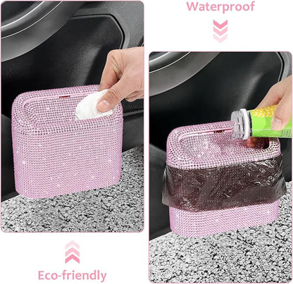 Accmor Bling Car Trash Can with Lid, Leak-Proof Mini Vehicle Trash Bin Automotive Dustbin Organizer Storage, Sparkling Crystal Trash Bag Container with 30pcs Garbage Bags for Car, Home, Office (Pink) - Image 5
