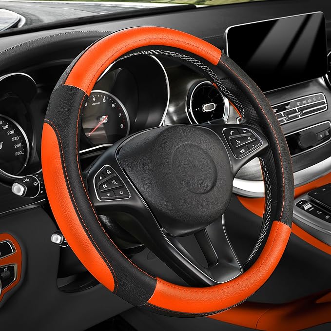 SEG Direct Steering Wheel Cover 14.5-15 inch Car Auto Interior Accessories | Universal Medium Standard Size 37-39cm for Car Truck SUV, Microfiber Leather, Anti-Slip Comfortable Grip, Black and Orange by SEGDirect