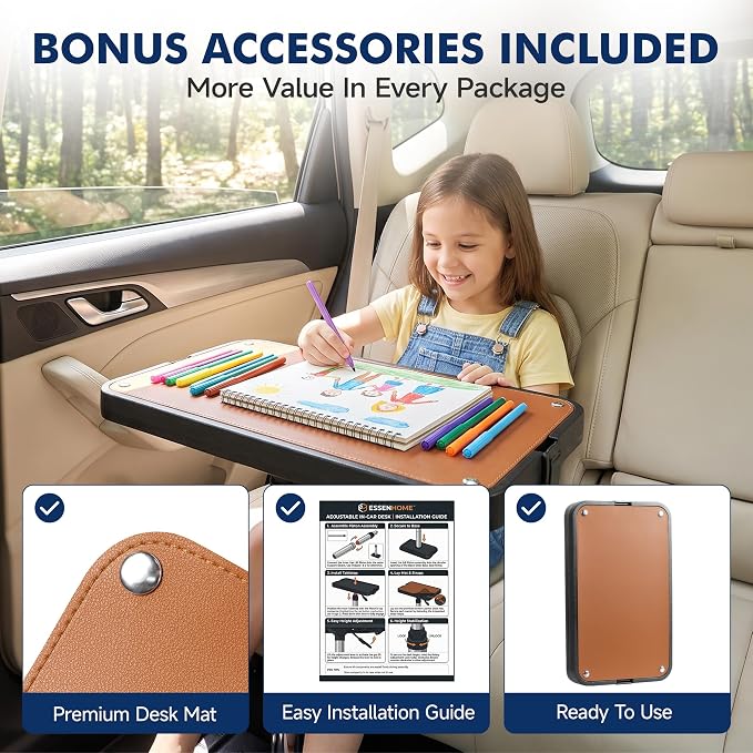 Compact Car Seat Tray Table with Premium Leather Mat – Small Portable Car Desk Tray for Laptop & Tablet, Adjustable Travel Table for Front Passenger, Rear & Driver Seat - Image 3