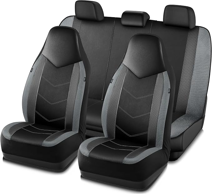 PIC AUTO Leather Car Seat Covers, Sports Carbon Fiber & Mesh Design, High-Back Full Set, Waterproof Automotive Seat Covers, Airbag Compatible, Universal Fit for Cars, SUVs, Trucks (Black & Gray) by PICAUTO