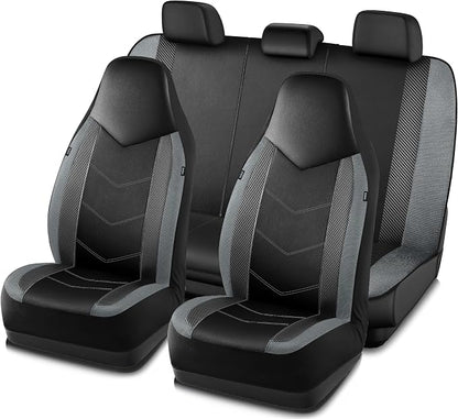 PIC AUTO Leather Car Seat Covers, Sports Carbon Fiber & Mesh Design, High-Back Full Set, Waterproof Automotive Seat Covers, Airbag Compatible, Universal Fit for Cars, SUVs, Trucks (Black & Gray) by PICAUTO