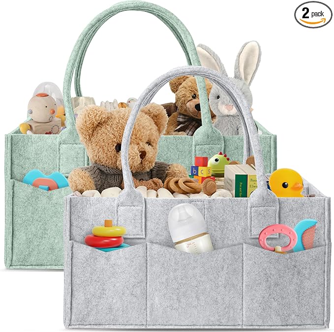 HIPHOP PANDA 2-Pack Diaper Caddy Organizer - Nursery Storage Bin & Car Organizer for Diapers, Wipes, and Baby Essentials - Dual-Color Solid Set (Grey/Green), Large Size by HIPHOPPANDA