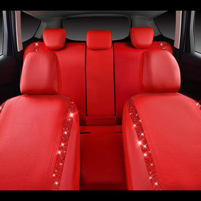 CAR PASS Bling Diamond Car Seat Covers Full Set, Shining Rhinestone Waterproof Faux Leather, Rear with Zipper, Universal Fit Automotive Glitter Crystal Sparkle Strips for Cute Women Girl, Red - Image 5