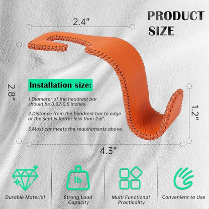 Car Seat Headrest Hook 55lb Heavy Duty Metal Hanger with Leather for Bags | Universal Fit car SUV Truck, Premium Microfiber Leather, Metal Core, Hang Purses Groceries Handbag Backpack, 2 Pack Orange - Image 6