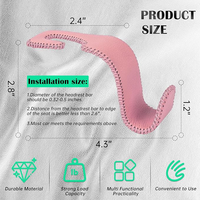 Car Seat Headrest Hook 55lb Heavy Duty Metal Hanger with Leather for Bags | Universal Fit car SUV Truck, Premium Microfiber Leather, Metal Core, Hang Purses Groceries Handbag Backpack, 2 Pack Pink - Image 6